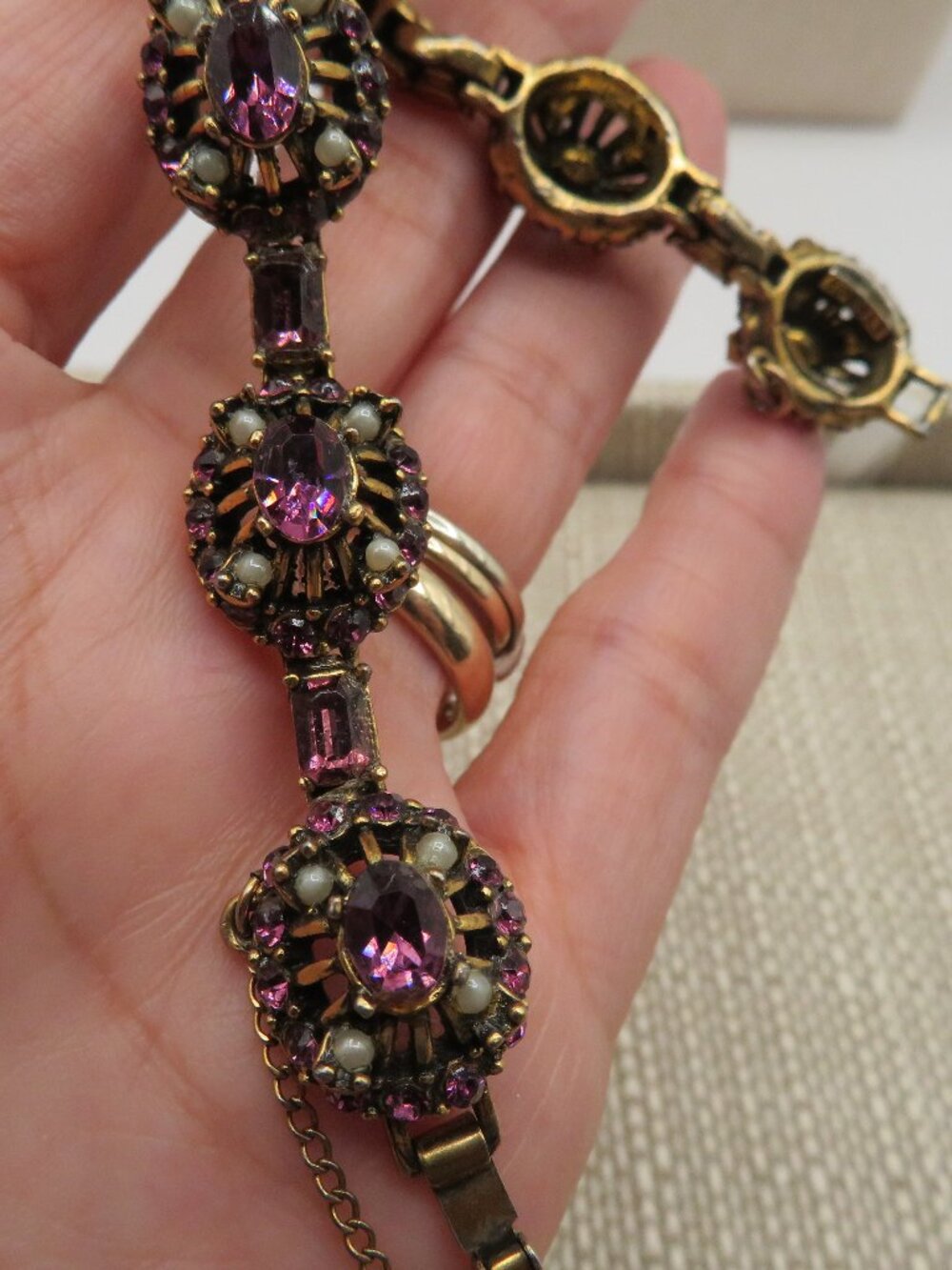 Vintage Hollycraft Purple Rhinestone and Faux Seed Bead Pearl Accented Bracelet